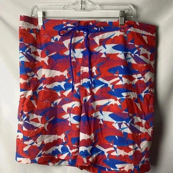 GUY HARVEY MENS XL RED WHITE BLUE SHARK DESIGN BOARD SWIM SHORTS ELASTIC WAIST - Picture 2 of 14